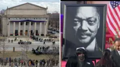 Splitscreen. Left, the PUSH coalition headquarters. Right, a large photo of Jesse Jackson next to mourners walking.
