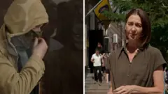 Sarah Rainsford split screen with a man in a hood and face mask.
