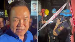 A man in a blue shirt looks to the left, while on the right a group of firefighters wearing helmets access a damaged building.