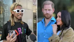 A splitscreen of a man in white glasses on the left and Harry and Meghan on the right.