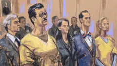 A court sketch showing Maduro and his wife wearing yellow prison suits, in court.