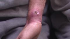 A deep wound and sore on one of the men's wrists