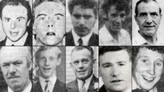 Black and white composite photograph showing close shots of ten men, they are all photographed from the neck up, all in smart dress with shirts, ties and blazers. They range in age from 19/20 to late 50s-early60s.