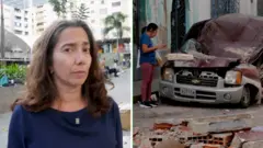 BBC reporter Vanessa Silva in a split screen with a crushed car.
