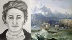 Diana Trepkov, Investigative Forensic Artist / History/Universal Images Group via Getty Images A black-and-white forensic artist's drawing of a young man with a full head of fair hair and a black jacket over a white shirt with a knot at the collar. Alongside, on the right, is an oil painting of two ships, HMS Erebus and HMS Terror, in the choppy waters of a rough sea