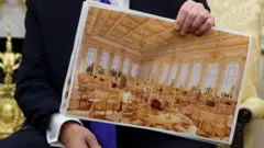 US President Donald Trump displays a rendering of his proposed $250 million White House ballroom as he meets with NATO Secretary General Mark Rutte in the Oval Office of the White House on 22 October 2025.