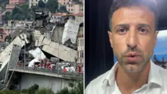 A composite of a crumpled bridge next to a picture of a male BBC journalist