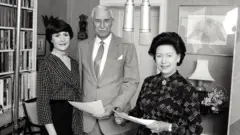 Sara Coward as Caroline Bone, Arnold Peters as Jack Woolley and HRH Princess Margaret, recording an episode of The Archers on 22 June 1984