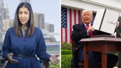 Samira Hussain with long brown hair on the left and President Trump holding the signed Liberation Day tariff document.