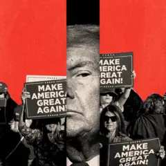 BBC A treated image showing a slice of Trump's face in the middle, surrounded by crowds holding Maga signs on either side