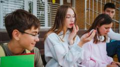 Una niña, rodeada de amigos, se maquilla frente a un espejo.