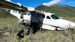 A small white plans is tipped on its nose in a field surrounded by mountains.