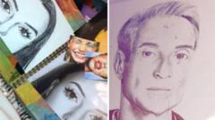 Artwork showing potraits of two women and a man