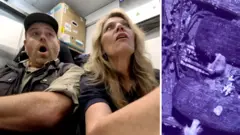 On the left, a man and a woman being surprised; on the right, a plane engine at the bottom of the sea.