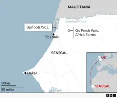 A map showing the location of the two farms in Senegal