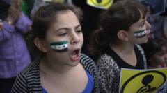 Girl with Syrian flag painted on cheek outside United Nations in New York