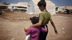 Syrian childen walking in refugee camp