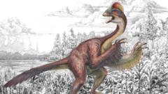 A bird-like dinosaur. It has a feathered tail and wings. Its feathers are predominantly red.