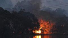 In a picture taken on January 3, 2015, a bushfire burns through scrub near Gumeracha in the Adelaide Hills