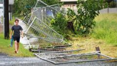 A boy walks past a fence brought down by Tropical Cyclone Marcia in Queensland Australia