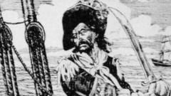 Drawing of Scottish-born American privateer and pirate William 'Captain' Kidd standing on the deck of a ship, brandishing a sword, circa 1690