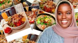 Sumaya with some photos of vegan meals in the background