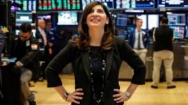 Stacey Cunningham pictured smiling on the floor of the New York Stock Exchange