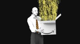 Illustration of Jeff Bezos holding an Amazon delivery box