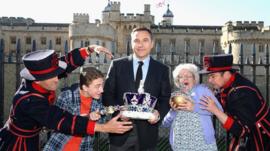 David Walliams with the cast of the Gangsta Granny theatre production.