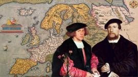 Two Hanseatic merchants, as painted by Holbein, in front of a map of Europe