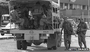Soldiers patrol in Suva after May 1987 coup