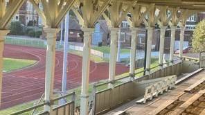 Wooden benches in the grandstand