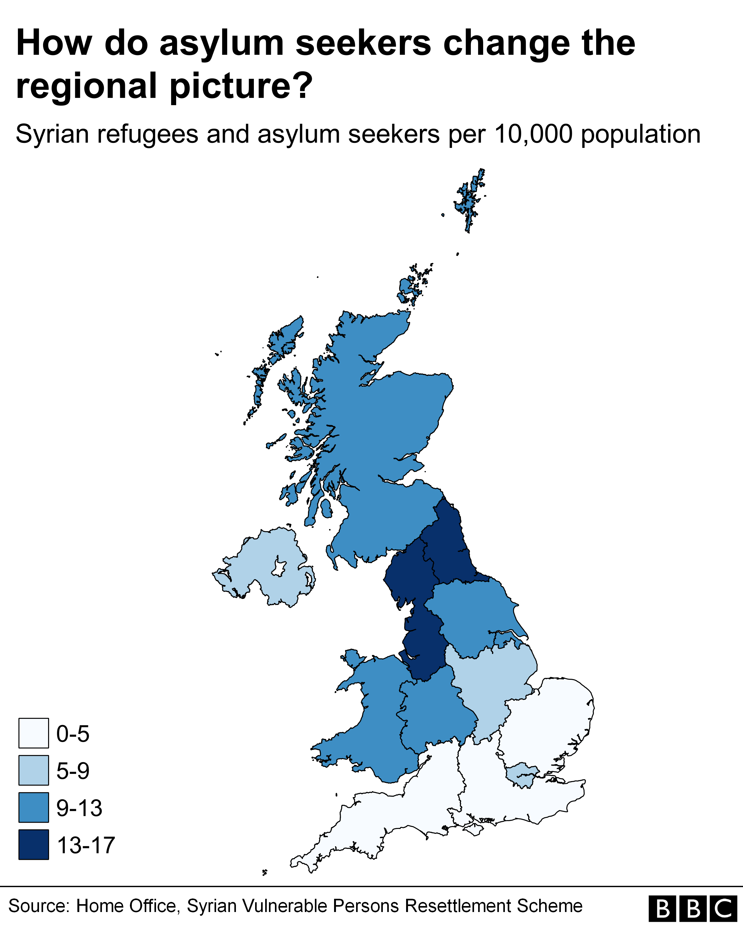 Map of the UK displaying Syrian refugees and asylum seekers per 10000 population. Ranges from 0 to 17.