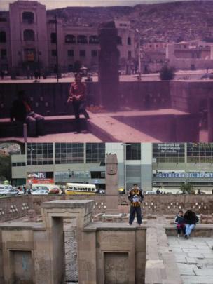 Fotos de mulher e de Marcelo Nogal o entorno do estádio de Hernando Siles, em La Paz, na Bolívia, foi visitada pela viajante por volta de 1975 e pelo professor em 2010