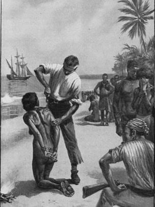 Ilustração mostra europeus marcando uma mulher africana na costa da África, antes de ser trasportada por navios negreiros
