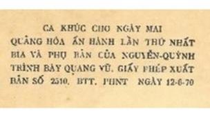 Thông tin in và kiểm duyệt trong tập nhạc Ca Khúc Cho Ngày Mai (Sài Gòn: Quảng Hóa, 1970) của Phạm Duy.