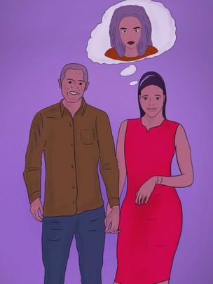 Ilustración de una pareja heterosexual, en la que la mujer está pensando en otra mujer.
