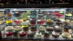 A colourful array of cakes displayed in a patisserie