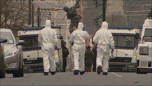 Forensic experts at the scene of Derry courthouse bomb