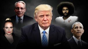 Εικονογράφηση του Donald Trump με τον Meghan McCain, τον Bob Woodward, τον Colin Kaepernick και τον Μπαράκ Ομπάμα