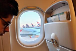 A view of a row planes through another plane's window
