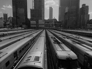 Trains are pictured parked in the sidings at a station in New York City