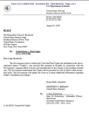 Carta del fiscal Geoffrey Berman al juez Vernon Broderick sobre el arresto de Ceglia.
