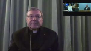 Screen grab shows Australian investigators (top right) questioning Rome-based Cardinal George Pell via video link