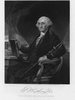 Retrato de George Washington sosteniendo un libro.