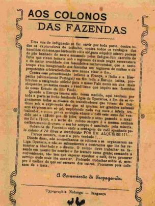 Página envelhecida traz texto longo e título: 'Aos colonos das fazendas'