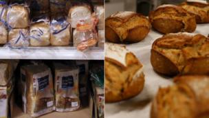 Supermarket-sliced loaves and fresh bread from a bakery