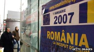 Poster in Bucharest in December 2006 advertising Romania's upcoming EU membership on 1 January 2007