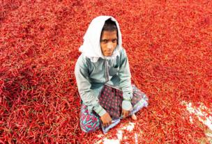 A girl sits on the ground covered in red chillies