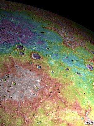 Mercury's northern plains (Nasa). False colour elevation information - white is high; blue is low